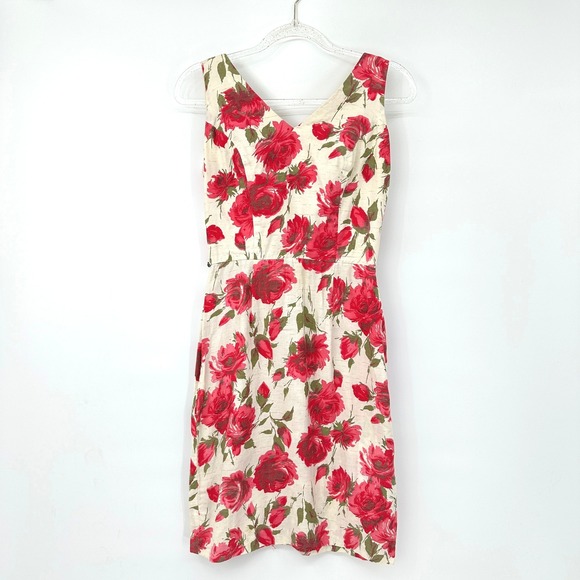 Dresses & Skirts - Vintage 50s 60s Floral‎ Barkcloth Wiggle Sheath Dress S Pink Roses Mod Pin Up